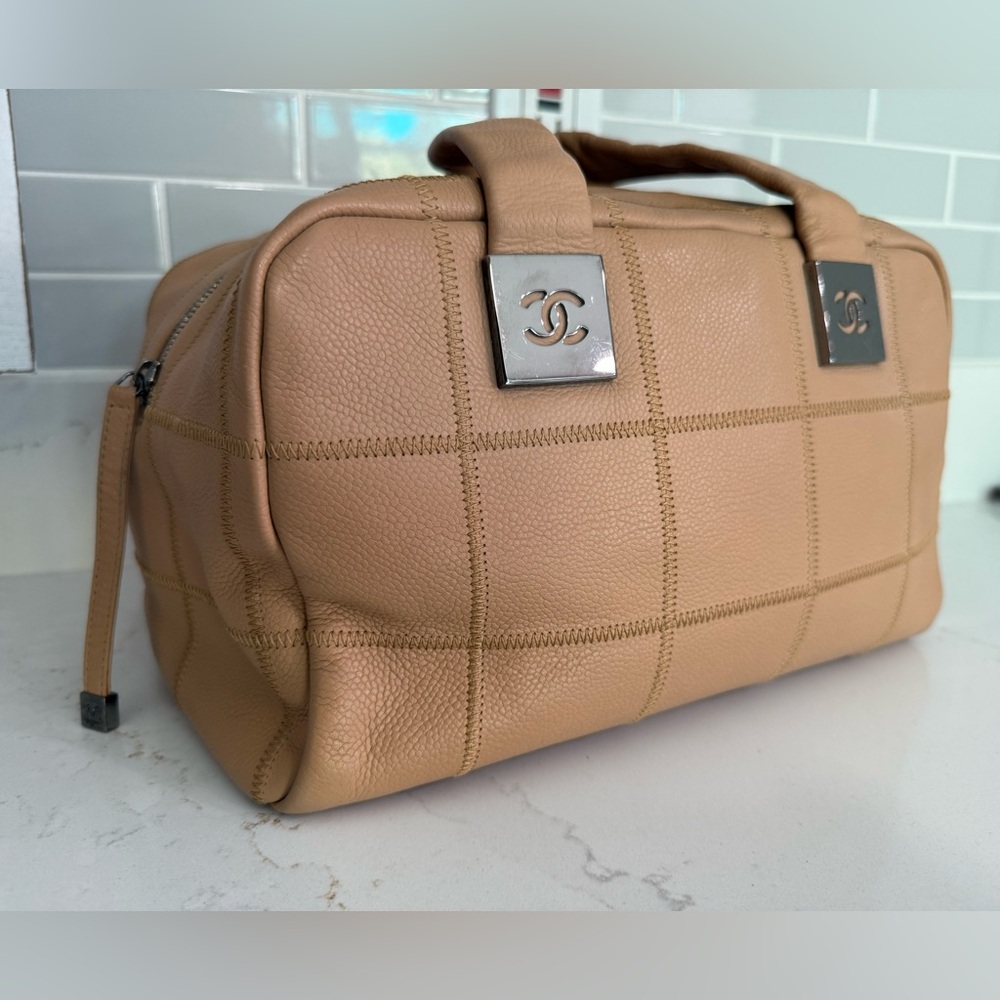 Authentic CHANEL CC Caviar Leather Boston Bag Bowler Shoulder Bag Tan Tote